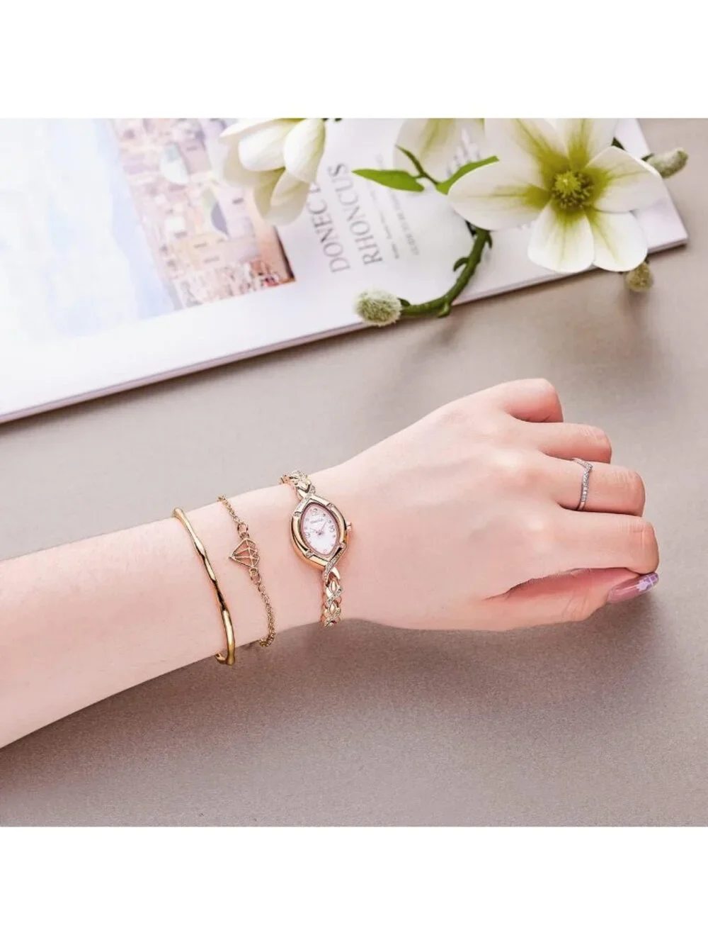 Women's Gold Bezel with Crystals Dial Bracelet Strap Diamonds Waterproof Watches
